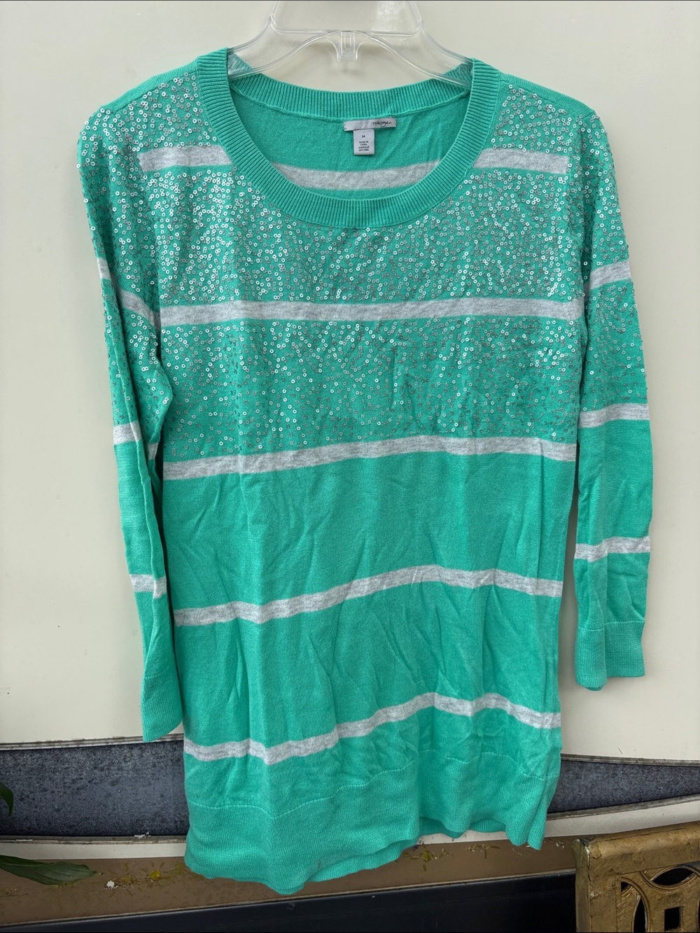 Halogen Mint Green Striped Sequin Sweater Top